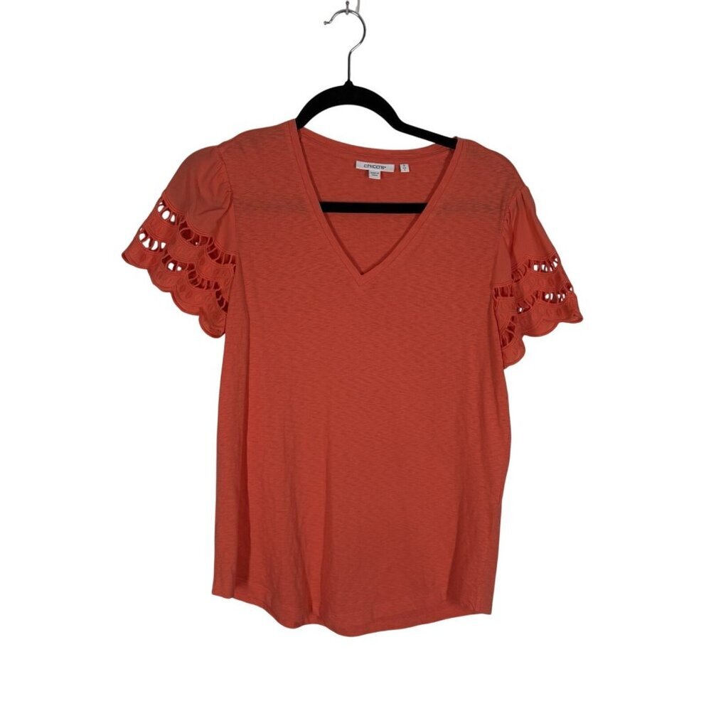 Chicos Women Sz 0 US S Nectarine Cotton Preppy V-Neck Tiered Eyelet Sleeve Top - Picture 2 of 8